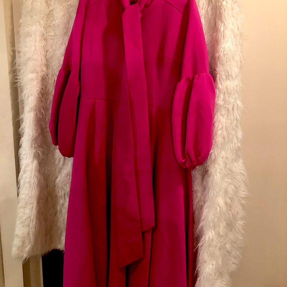 Hot Pink scuba fabric midi length dress. Back gold color zipper.